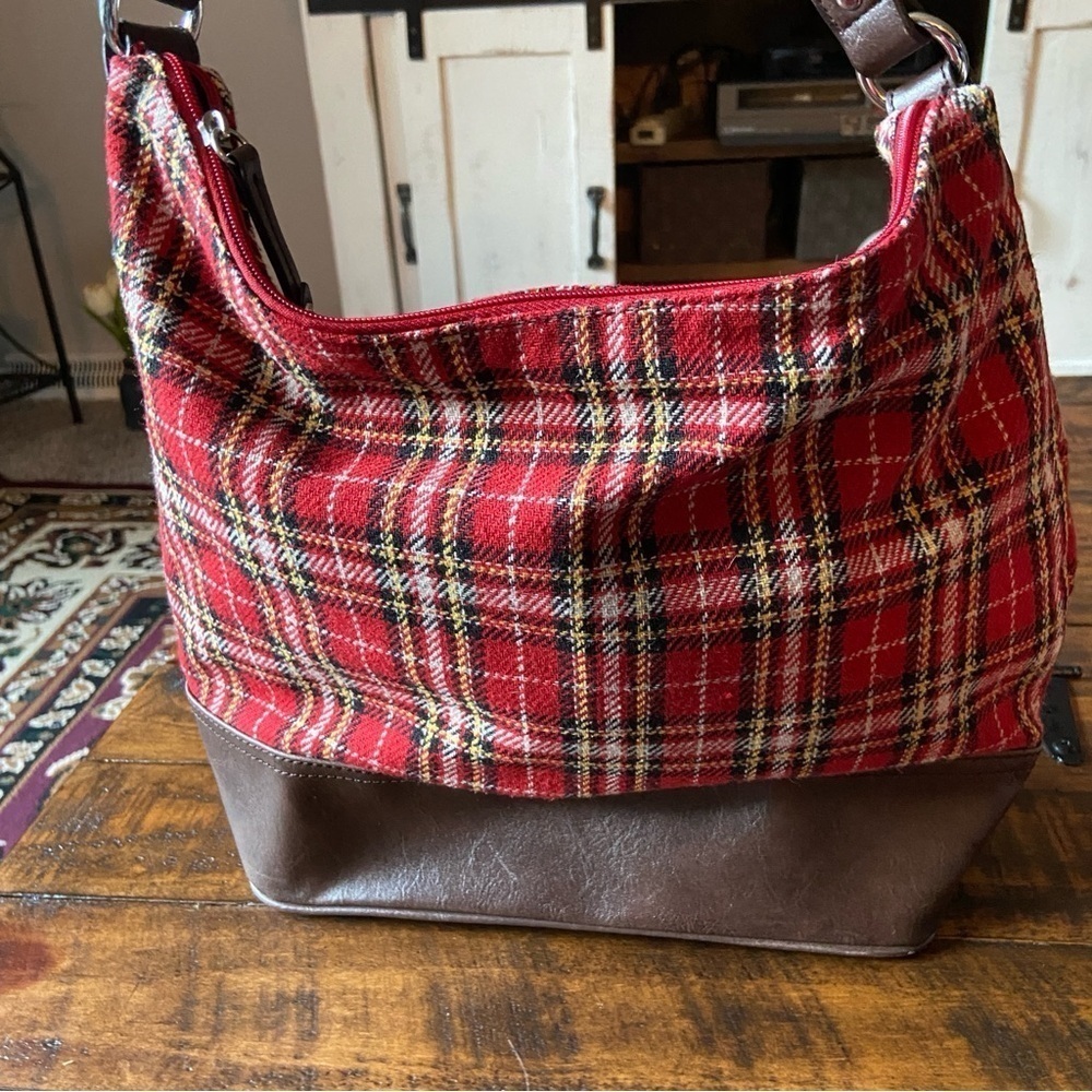 G. H. Bass & Co. RED flannel Plaid & Brown Leather Tote Handbag